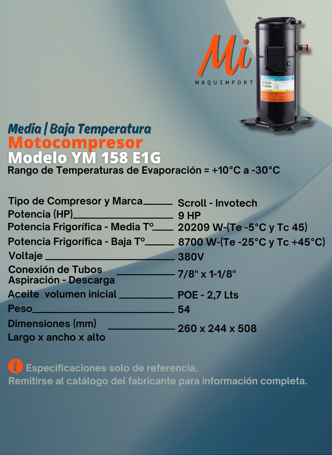 Motocompresor scroll 9HP 380V media-baja temperatura, refrigeración industrial, Maquimport Chile.